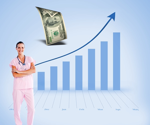 A nurse stands in front of a rising bar graph with a floating $100 bill, symbolizing increasing earnings over several months.