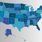 A color-coded map of the United States, including Alaska and Hawaii, with each state shaded in varying tones of blue against a gradient background.