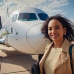 A woman stands smiling in front of a parked airplane on an airport tarmac under a partly cloudy sky, embodying the adventure of learning how to become a travel nurse.
