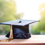 A black graduation cap with a gold tassel sits on a wooden surface with a blurred outdoor background, symbolizing new opportunities like new grad travel nursing jobs awaiting recent graduates.